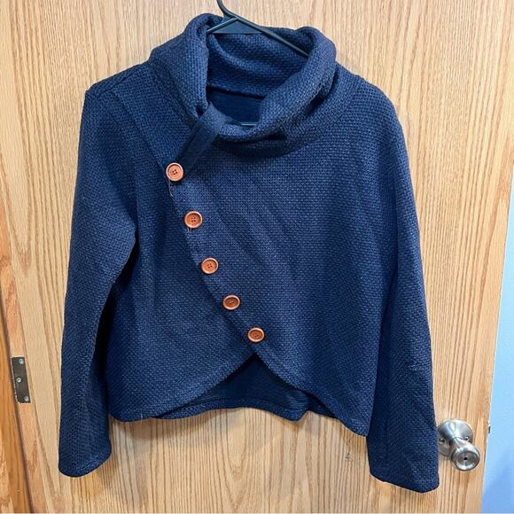 Dark Blue Wrap Front Top w/ Buttons & Cowl Neck Approx Size Medium - Picture 1 of 7